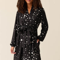 Quinn Cloud Jersey Banded Short Robe in Black Stars