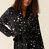 Quinn Cloud Jersey Banded Short Robe in Black Stars